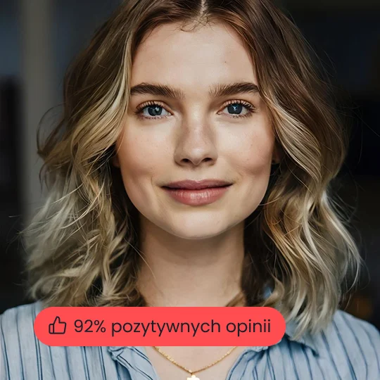 Profesjonalne portret młodej kobiety z blond włosami do ramion, naturalnym makijażem i miękkim oświetleniem na rozmytym tle wewnętrznym.